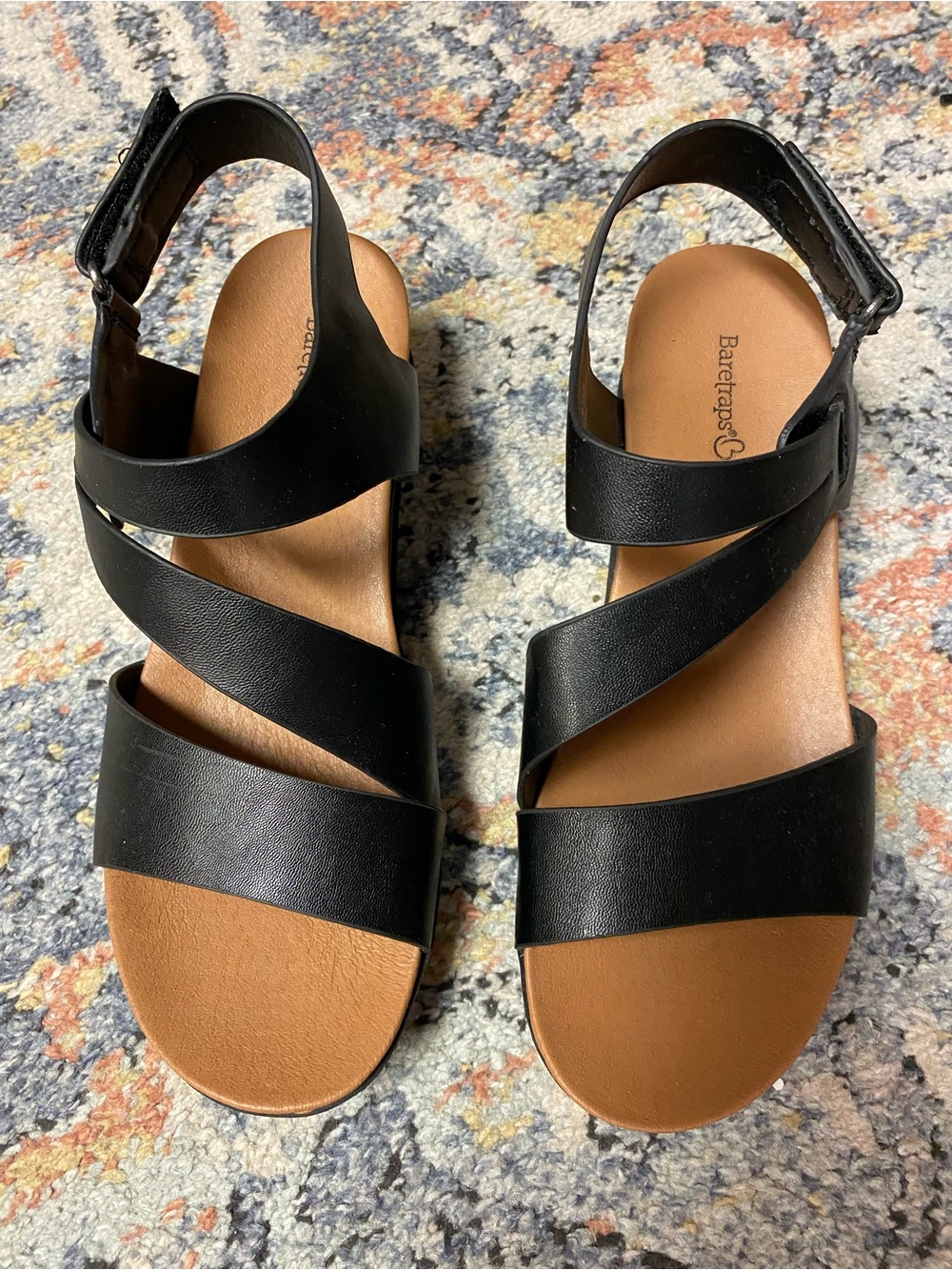 BareTraps Black Leather Crisscross Strap Sandals